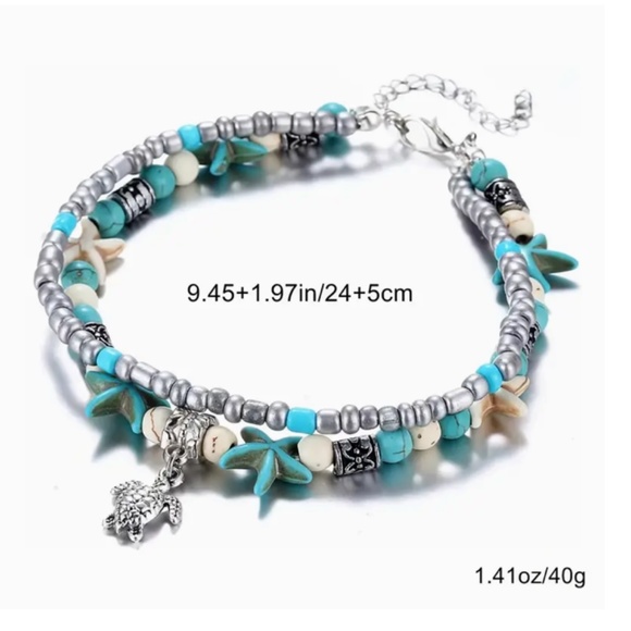 NEW OCEAN BEACH SEA TURTLE CHARM RICE BEADS STARFISH ADJUSTABLE ANKLE BRACELET - Picture 2 of 4
